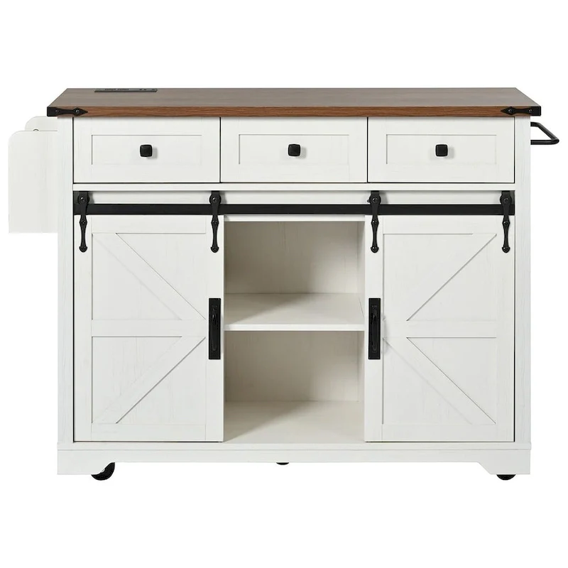 Farmhouse Kitchen Island Cart with Wheels, Power Outlet