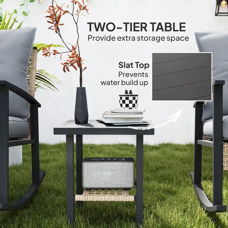 Outsunny 3 Piece Patio Bistro Set, Wicker Furniture Set with Button Tufted Cushions, Rattan Rocking Chairs and Coffee Table