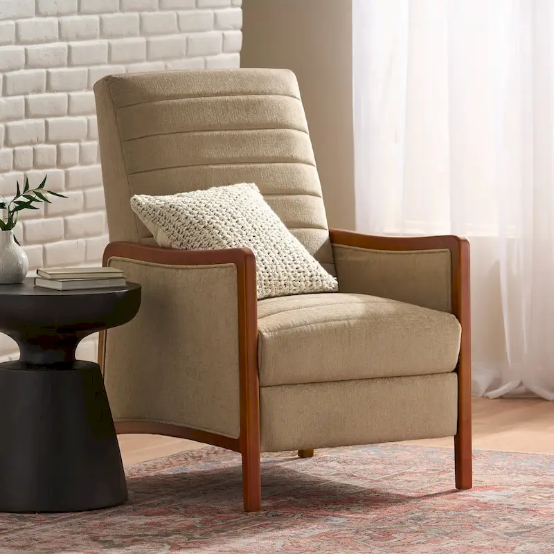 Mid Century Modern Fabric Channel Stitch Wood Pushback Recliner