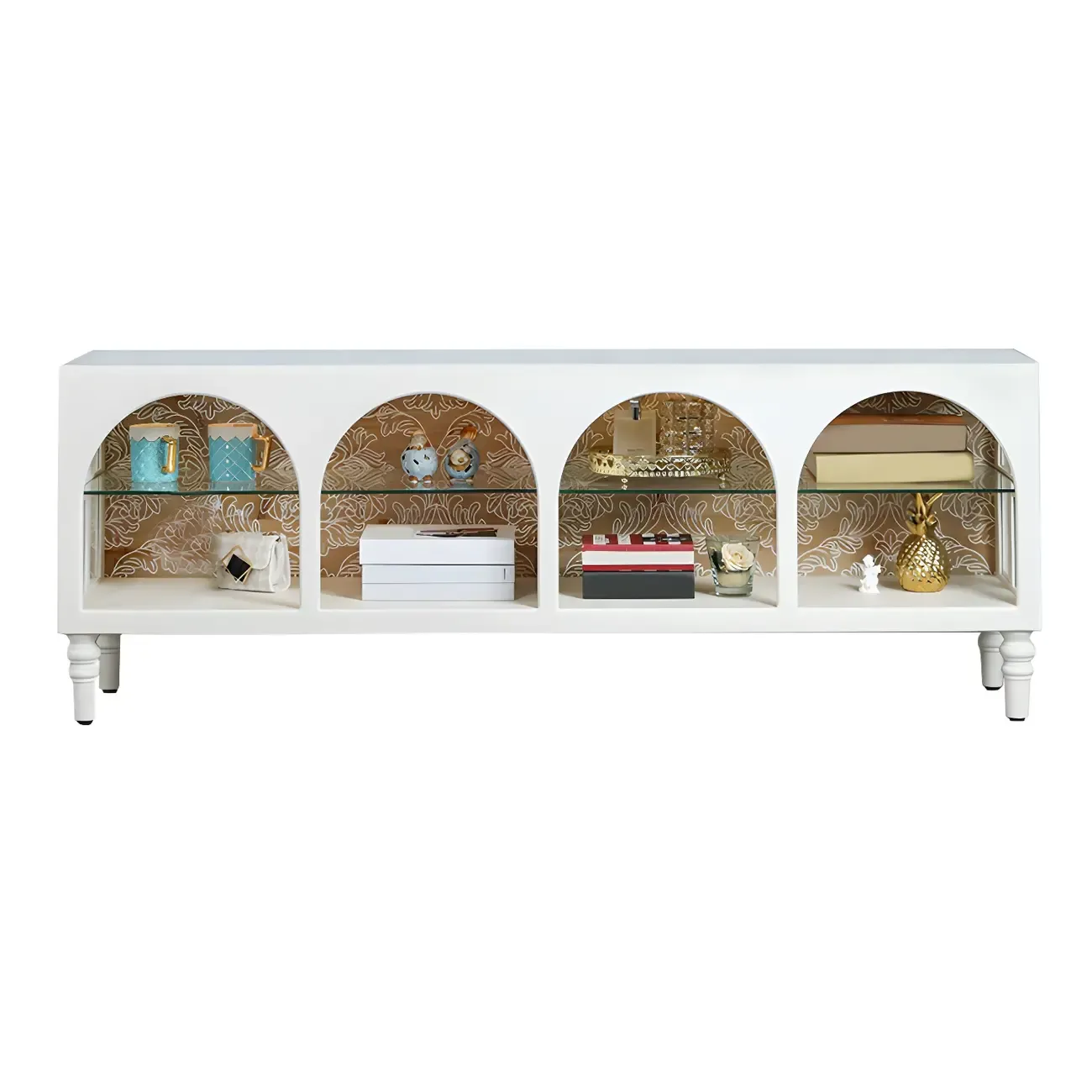 Rectangular White Wood Glass Shelf Display Cabinet