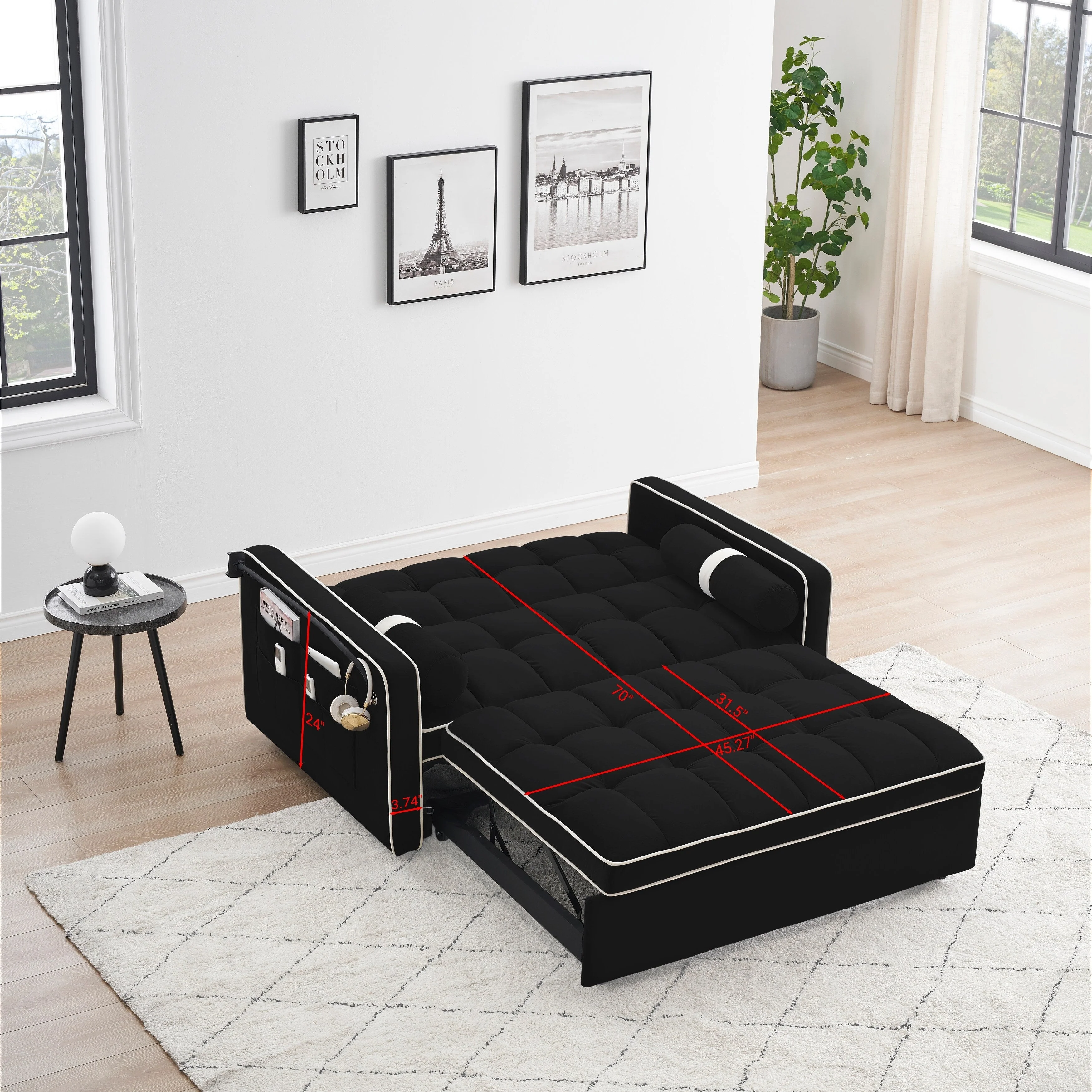Velvet Convertible 55'' 2-Seater Sleeper Sofa with Pull-Out Bed, Adjustable Recline, Side Pockets, and Phone Holder