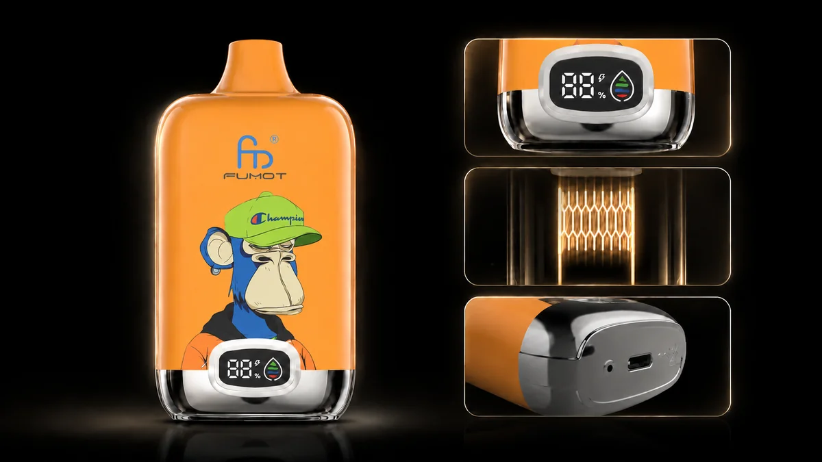 Fumot Digital Box 12000 Peach Mango Vape Funktionsdetails mit Display, Mesh Coil und Ladeanschluss