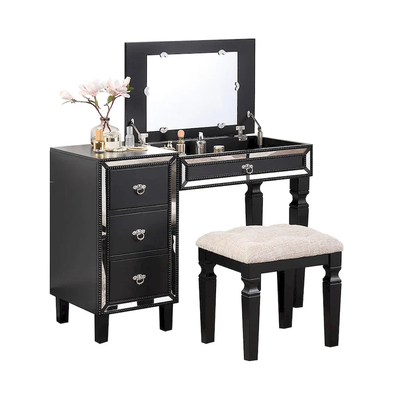 Fabric and Wood Vanity Set with Stool