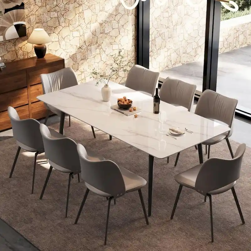 70.8 inch rectangular white kitchen dining table, with a sintered stone marble tabletop, metal legs