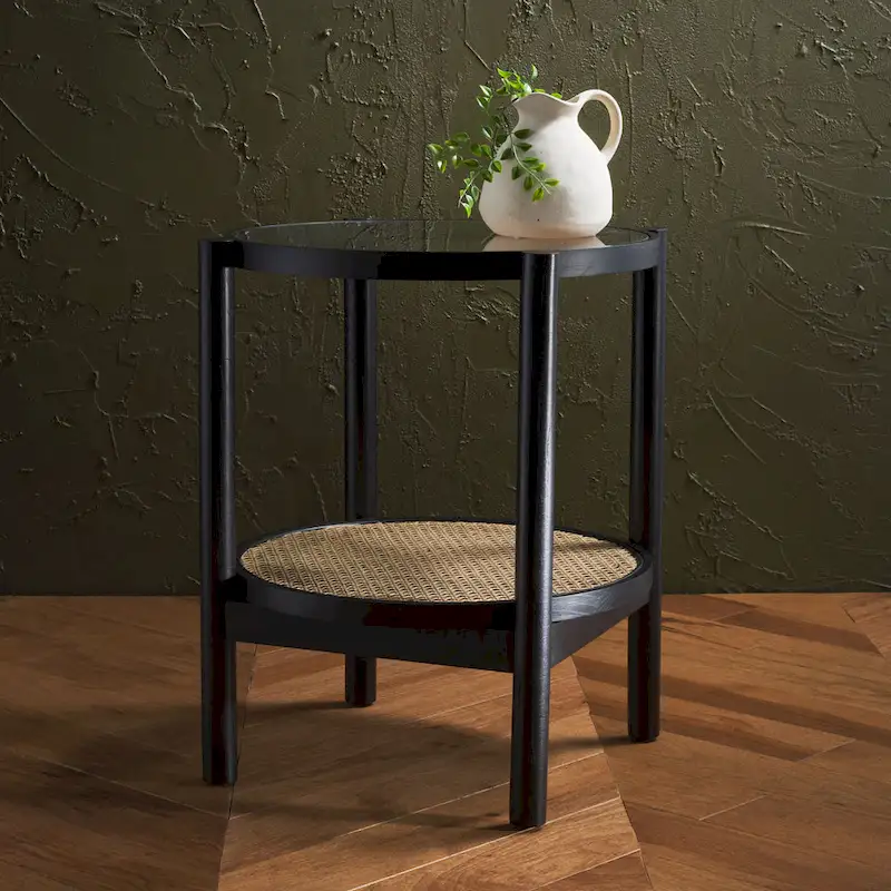 SAFAVIEH Couture Alberdine Rattan/Glass Accent Table - 23 In. W x 23 In. D x 24 In. H - 23W x 23D x 24H