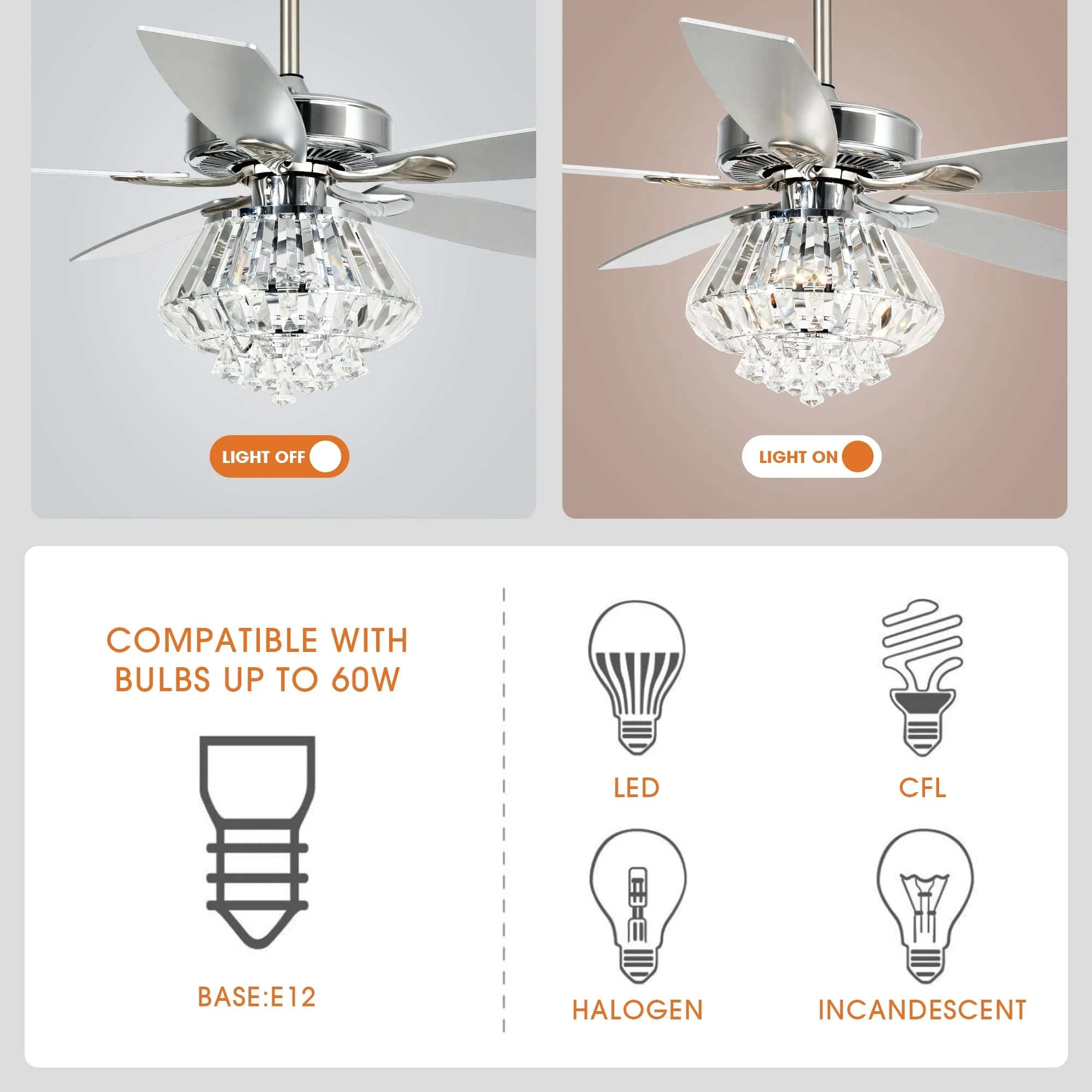 Modern Chrome 52-inch Crystal Chandelier Ceiling Fan with Remote