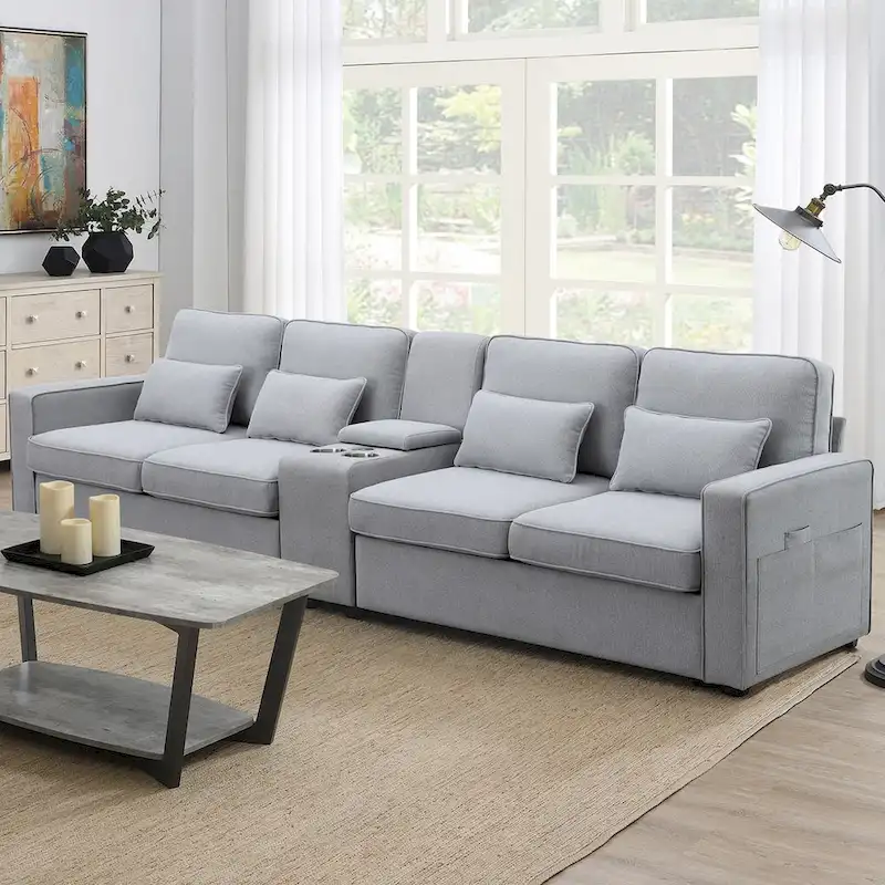 Modern Linen Fabric Upholstered Sofa with Console, 4Pillows,Cupholders,USB