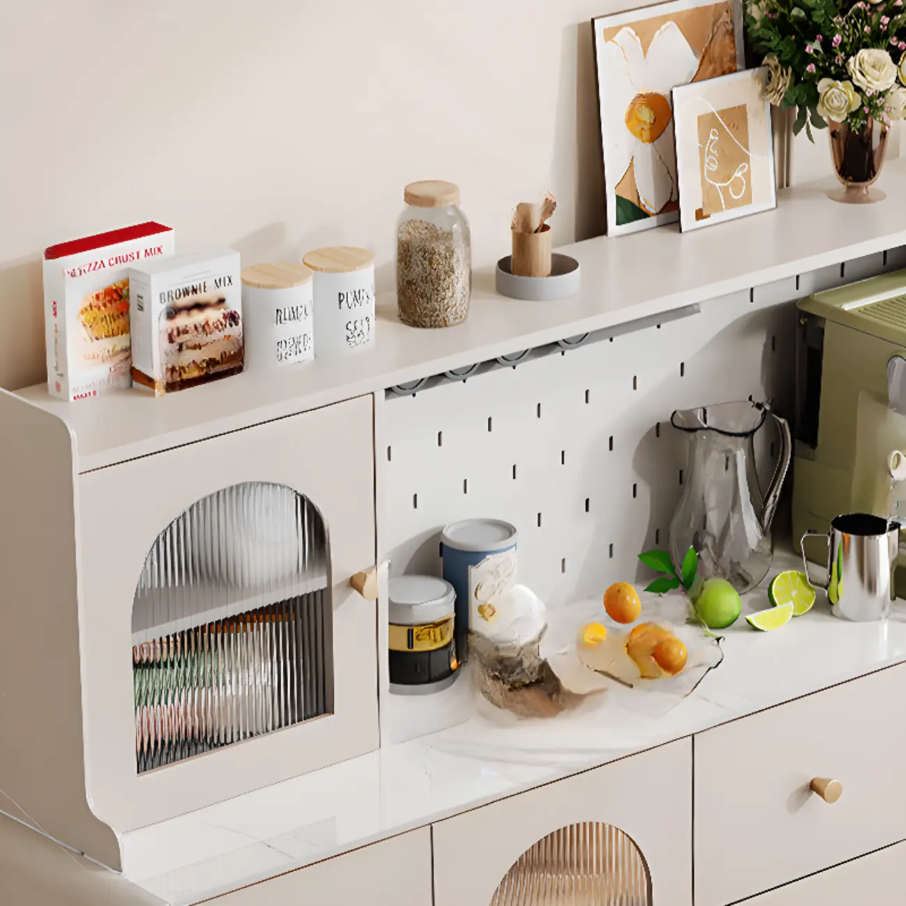 White 3-Drawer Glass Countertop Wood Sideboard
