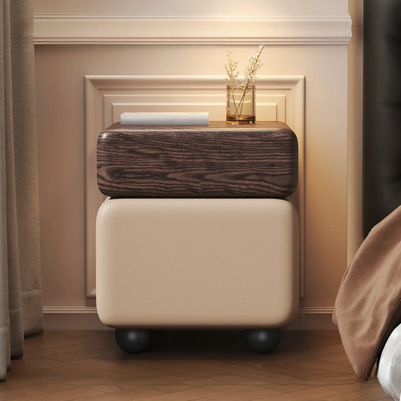 Black Walnut Finish Faux Leather 2-Drawer Nightstand