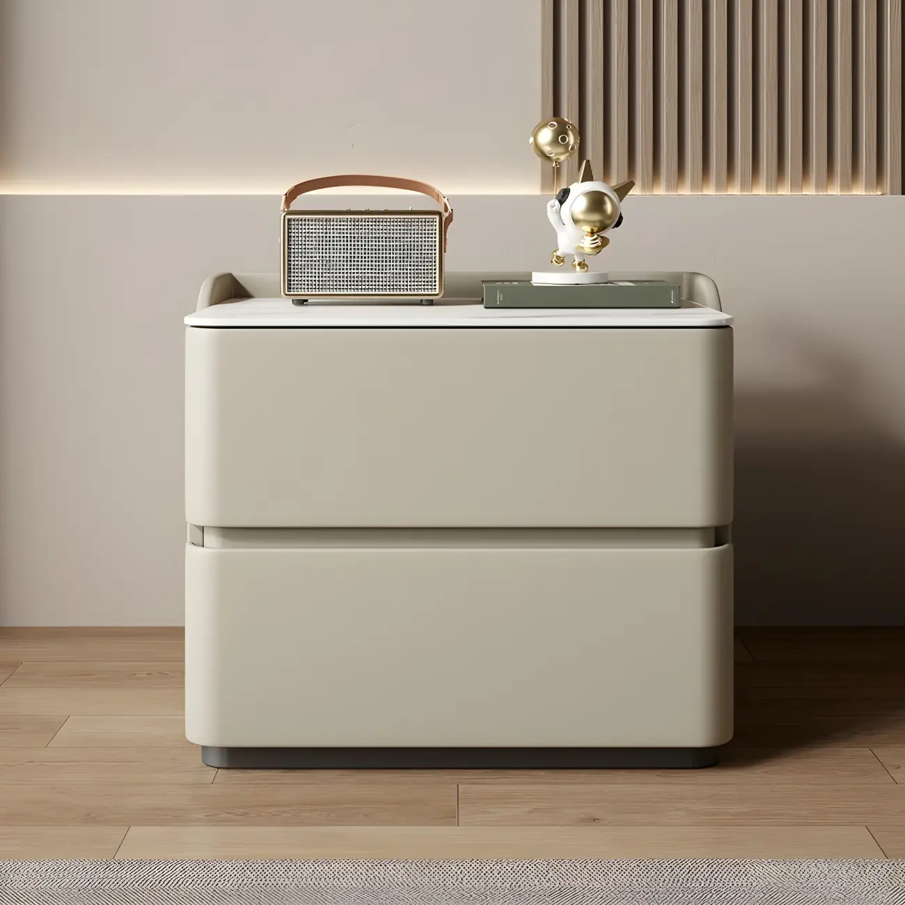 Modern Stone Top Leather Pine 2-Drawer Nightstand