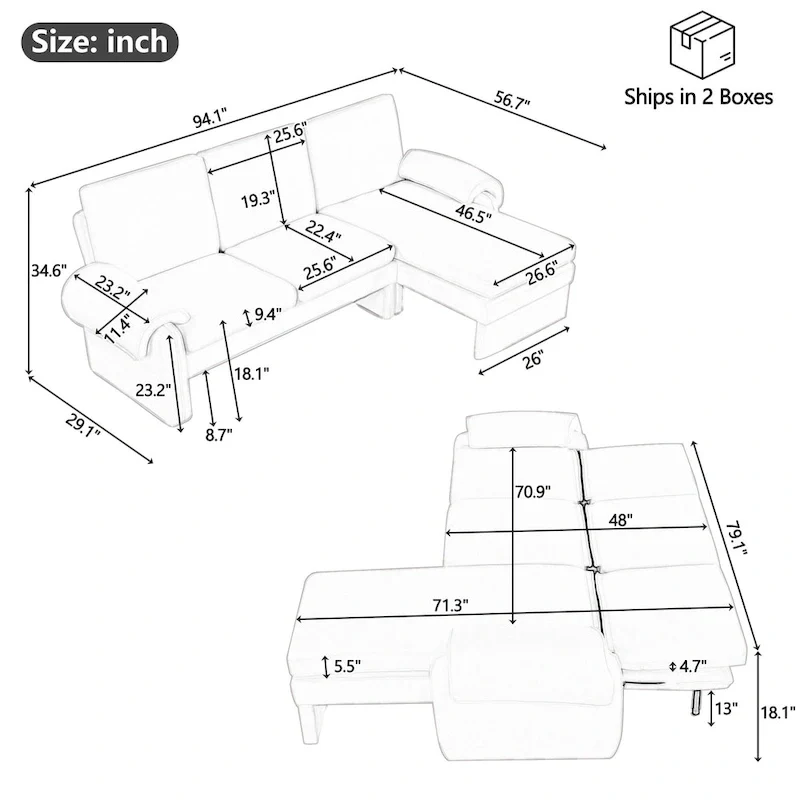 94.1 Chenille L-Shaped Futon Sofa with Adjustable Backrest & Reversible Chaise