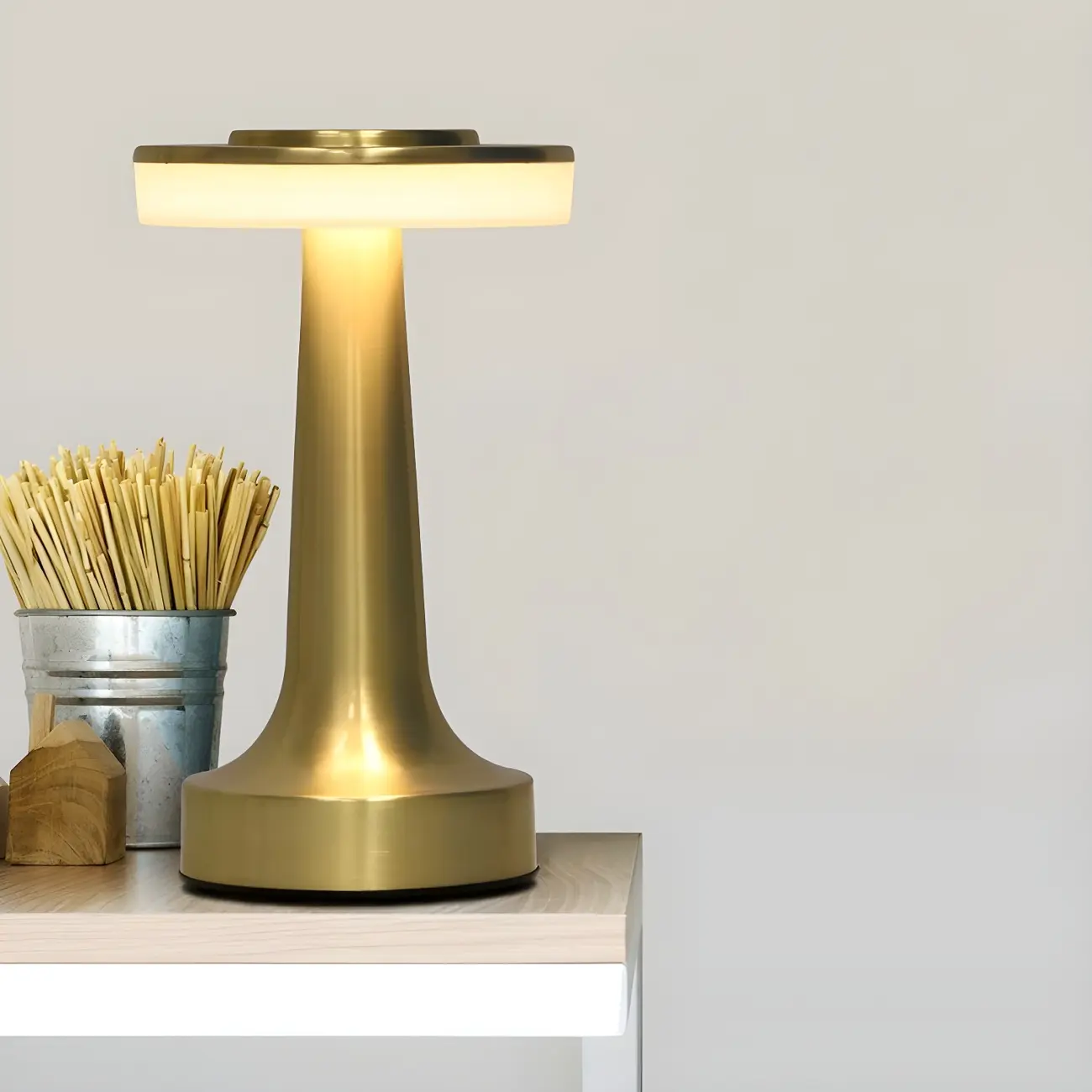 Modern Simple Touching Gold Metal LED Drum Shade Table Lamp