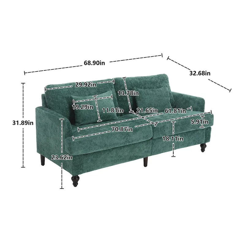 Green 68.9 Chenille 2-Seater Sofa with Detachable Cushions and Wooden Legs