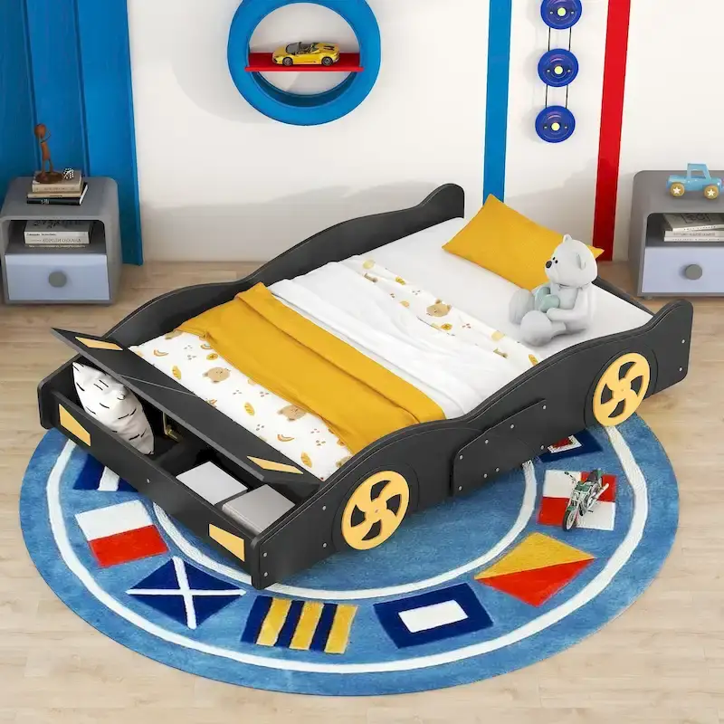 Full Pine Race Car Bed with Wheels & Storage