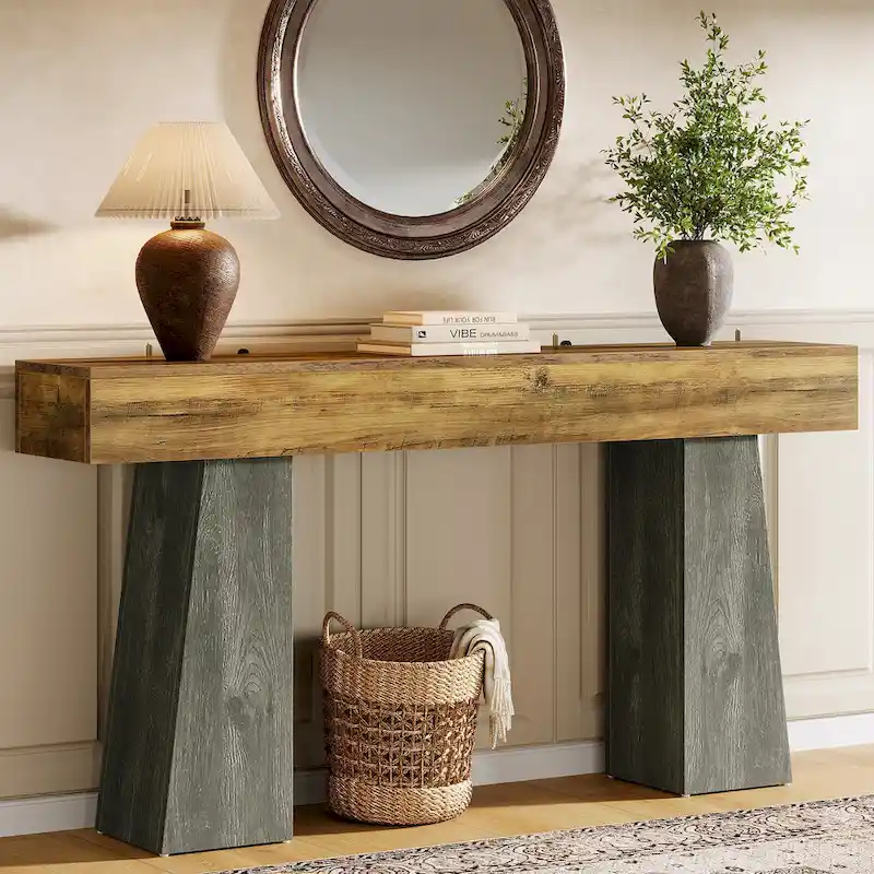 Farmhouse Entryway Table, 63-Inch Long Wooden Sofa Console TableB