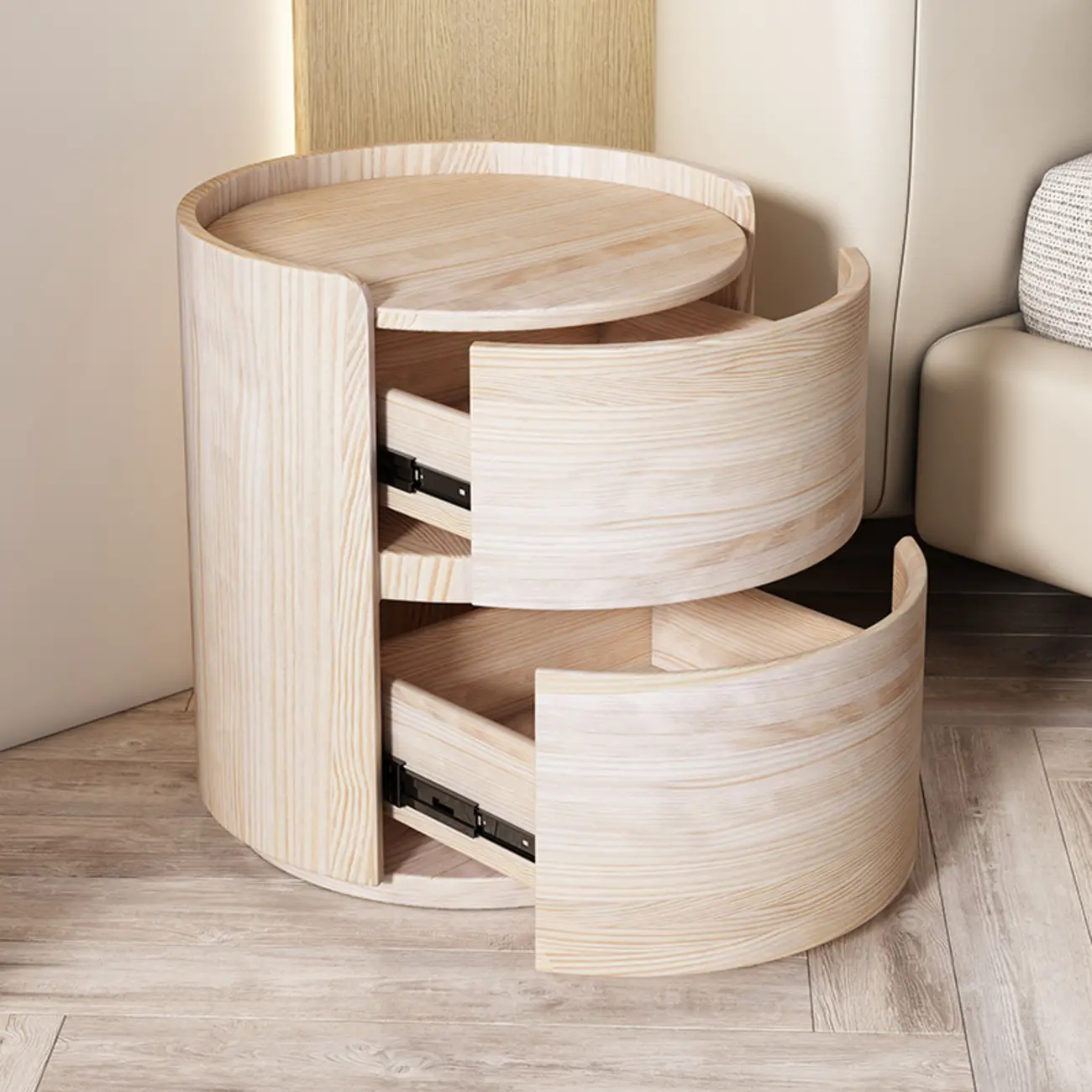 Modern Leather Tray Round 2-Drawer Nightstand