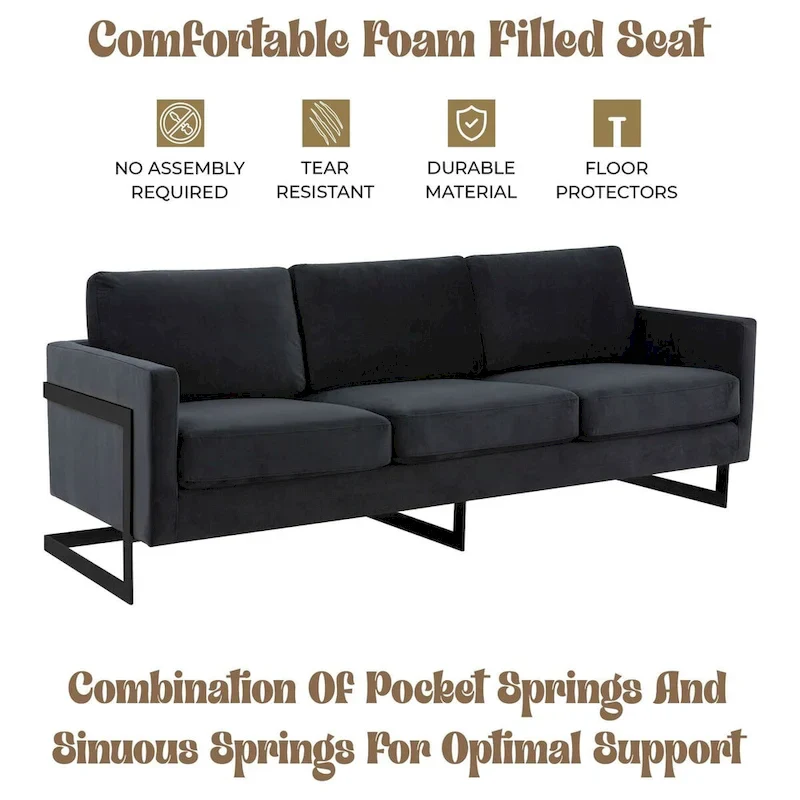 Leisuremod Lincoln 3-Seater Upholstered Velvet Sofa with Black Stainless-Steel Base