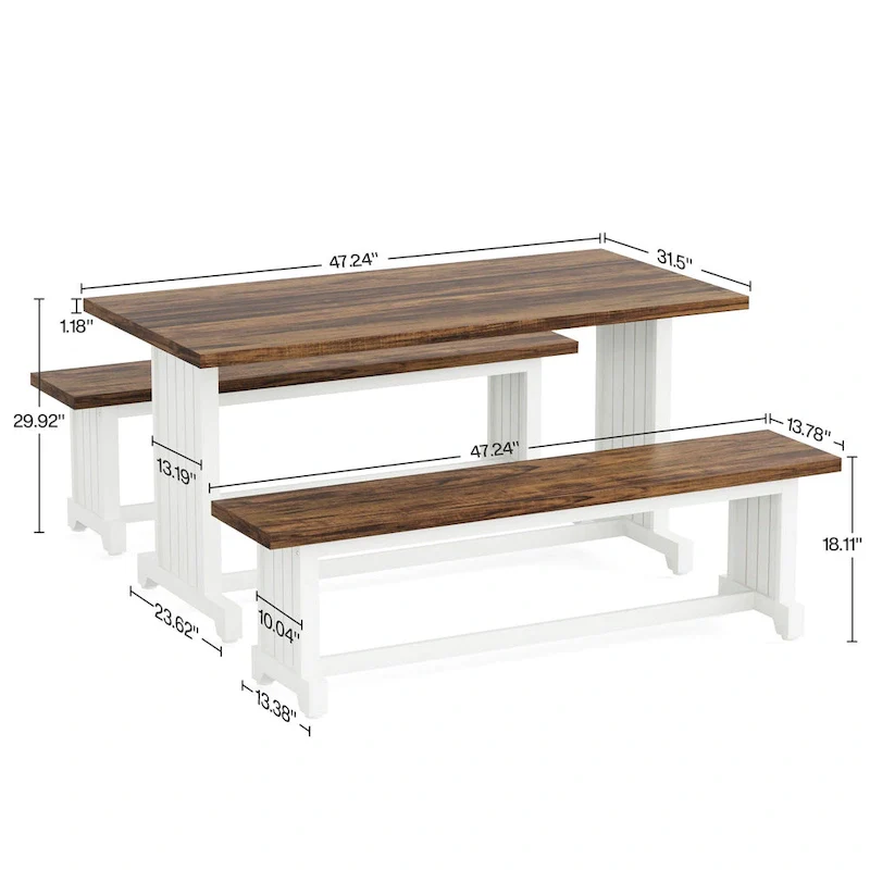 47 Inches Farmhouse Wood 3-piece Small Dining Table with 2 Benches - N/A