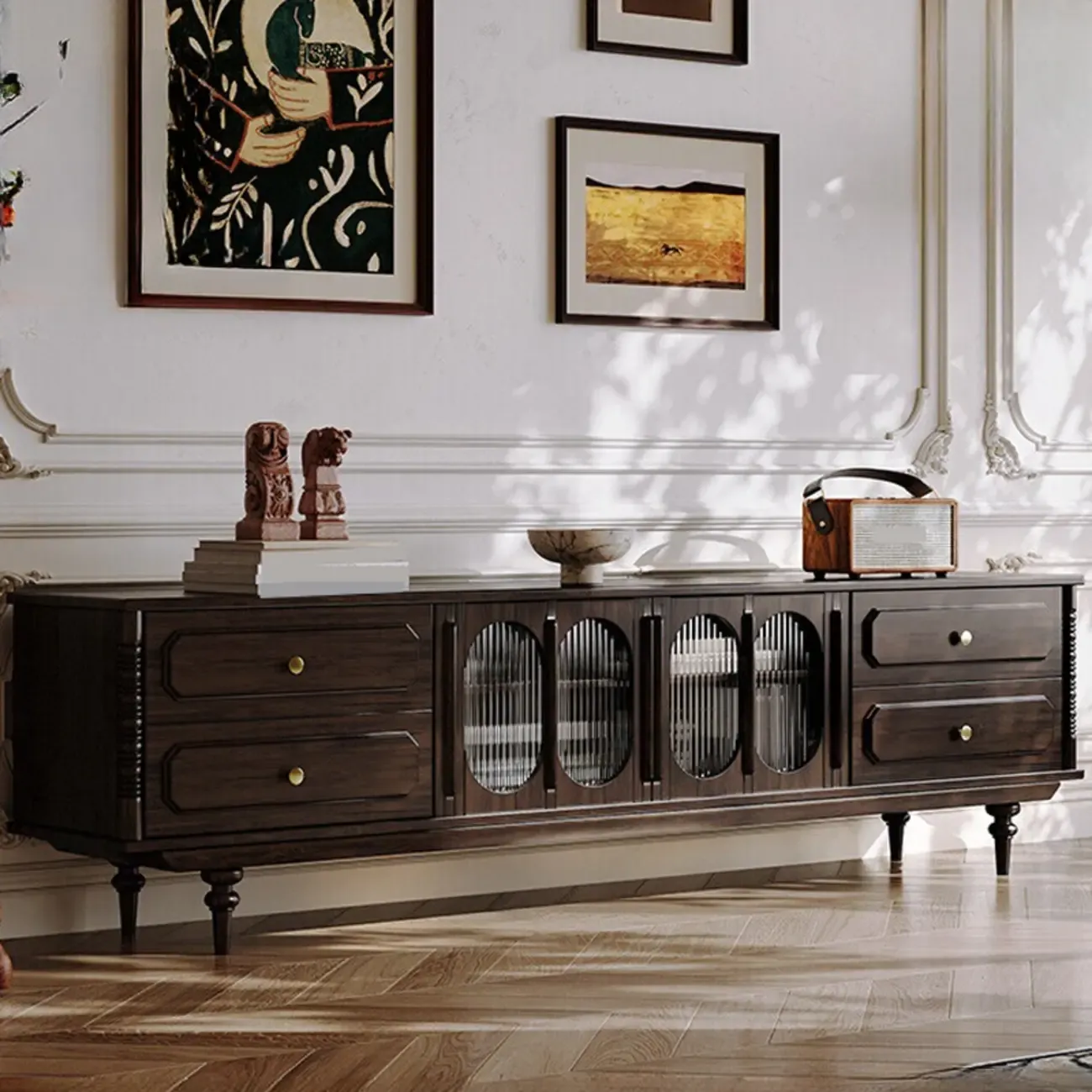 Long Modern Brown Wooden Storage TV Stand with Glass Doors