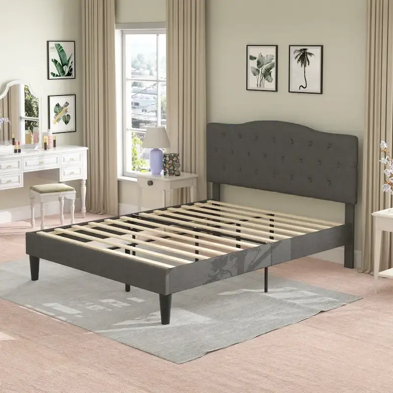 VECELO Modern Upholstered Bed with Height Adjustable Tufted Headboard ,Dark Grey