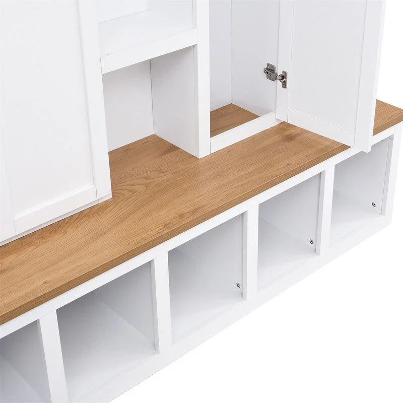 Farmhouse 4-in-1 Hall Tree with Open Display Shelves, Mudroom Shoe Bench with Open Compartments, Entryway Coat Rack with 6 Hooks