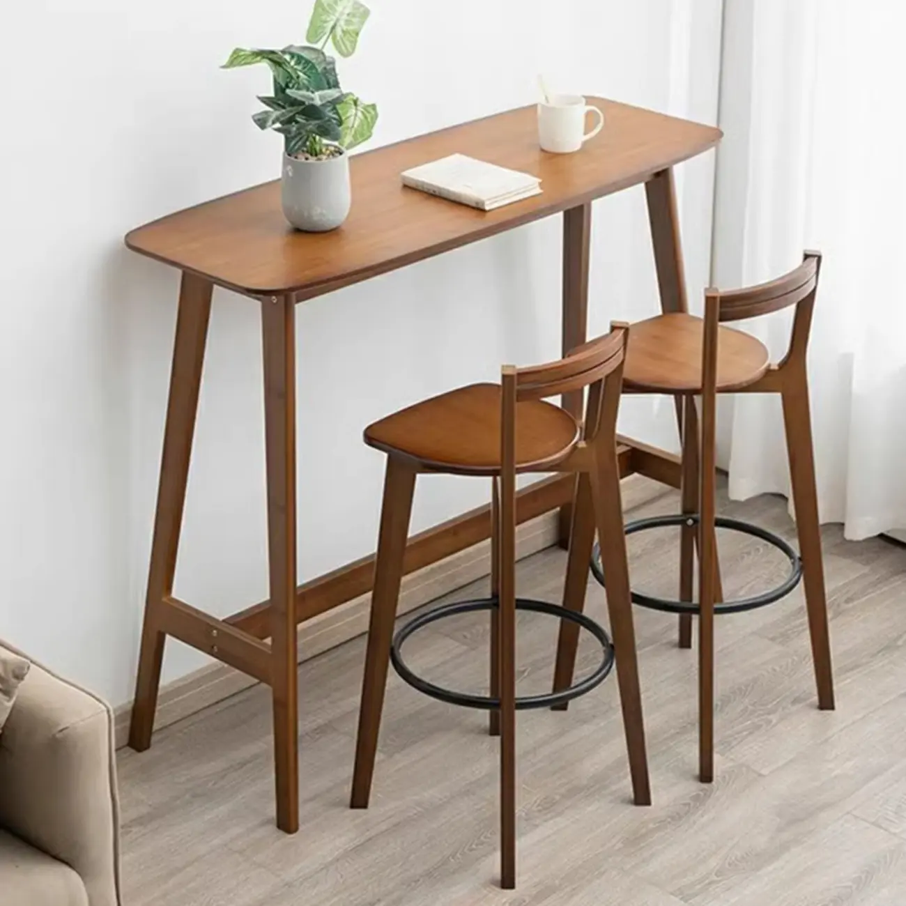 Simple Brown Bamboo 4-Leg Trestle Bar Tables