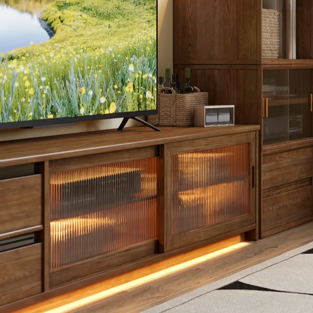 Extendable Long Brown Wood TV Stand with 2 Cabinets