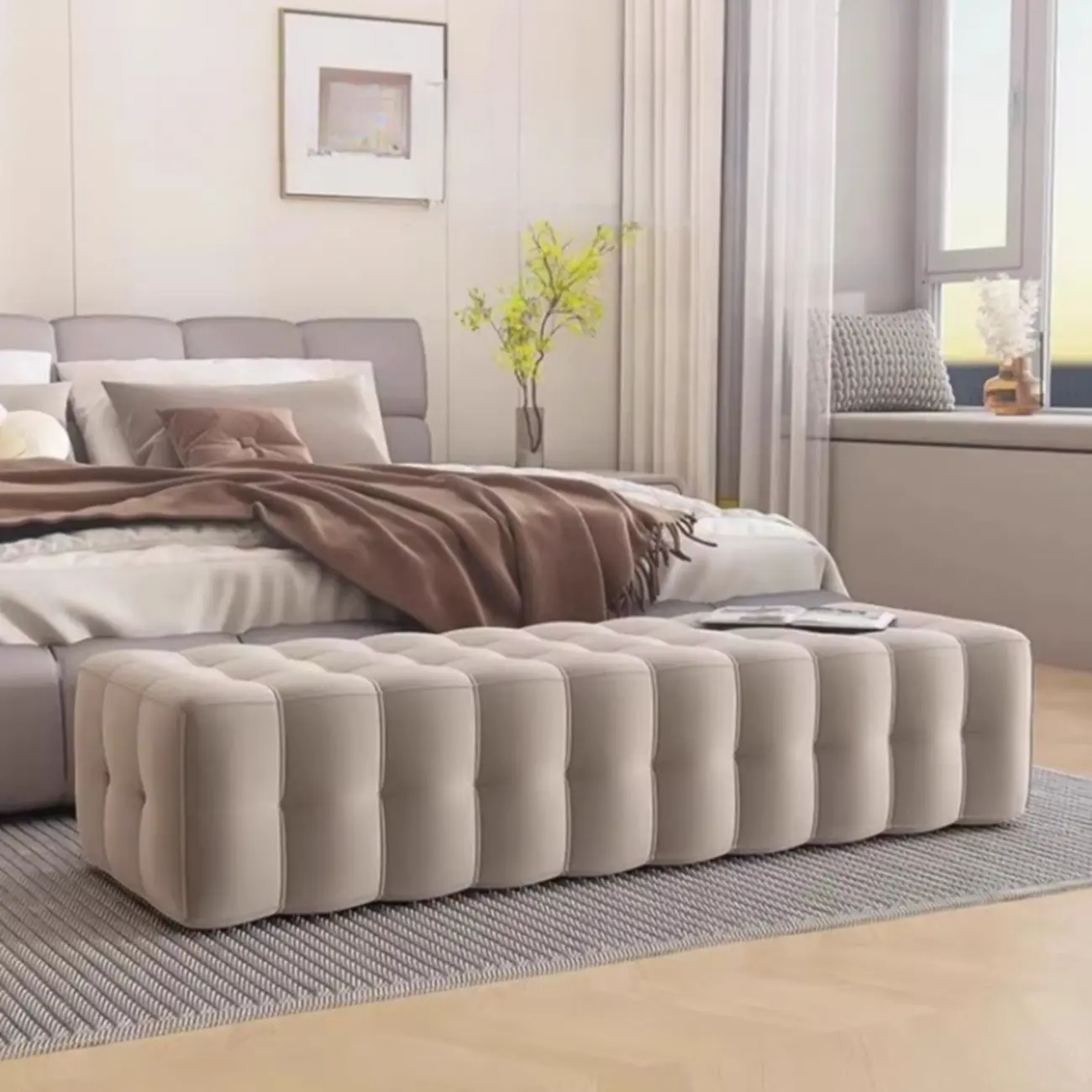 Modern Grey Velvet Upholstered Storage Bench for Bedroom