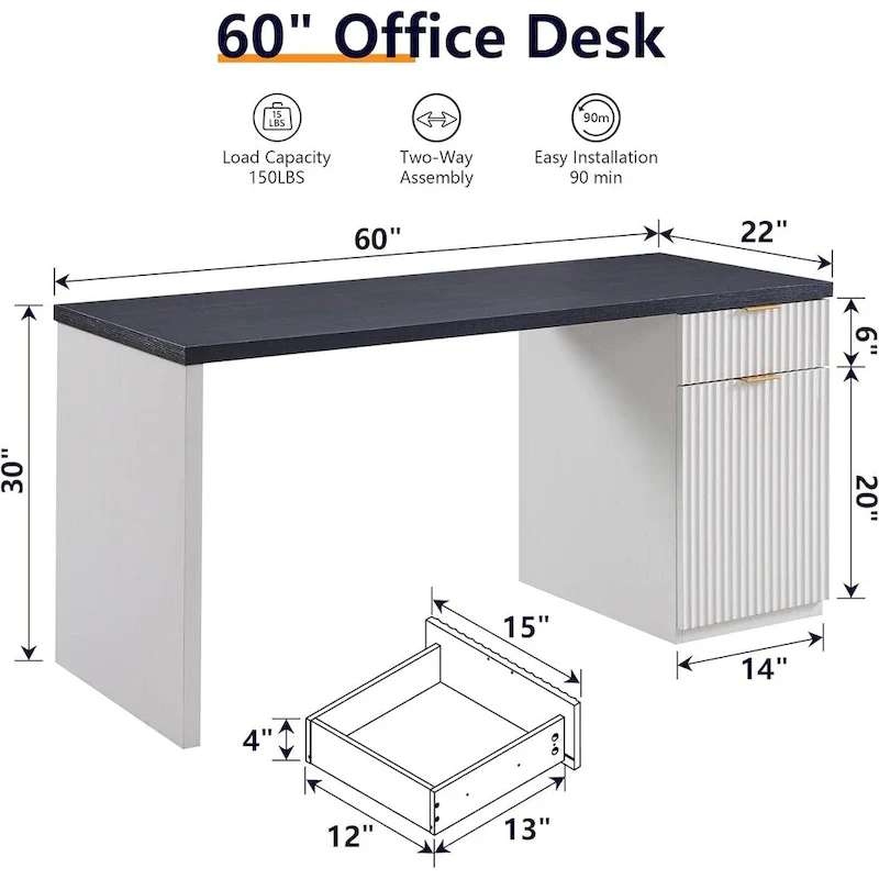 60 Modern Executive Desk, Wood Home Office Desk, Fluted Computer Desk