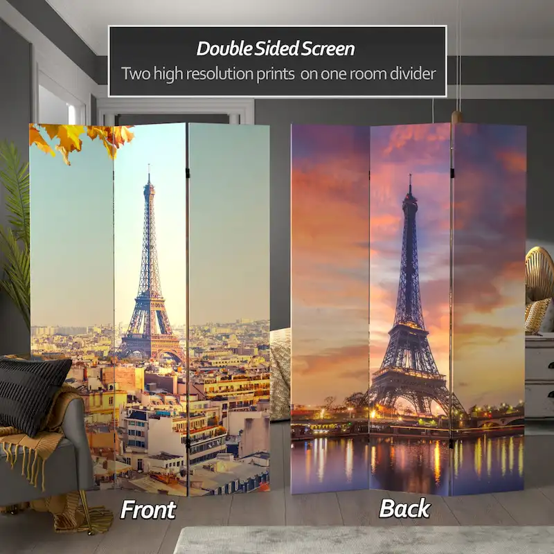 Handmade 6' Double Sided Eiffel Tower Sunset Canvas Room Divider