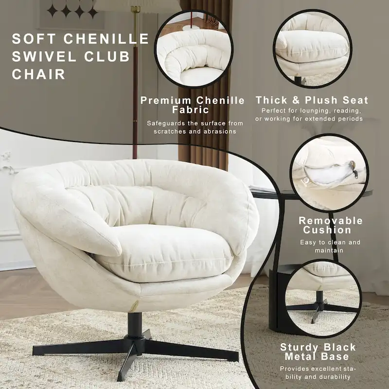 Chenille Upholstered 360 Swivel Club Chair/Accent Chair with Removable Cushion, Round Office Chair with Black Metal Base