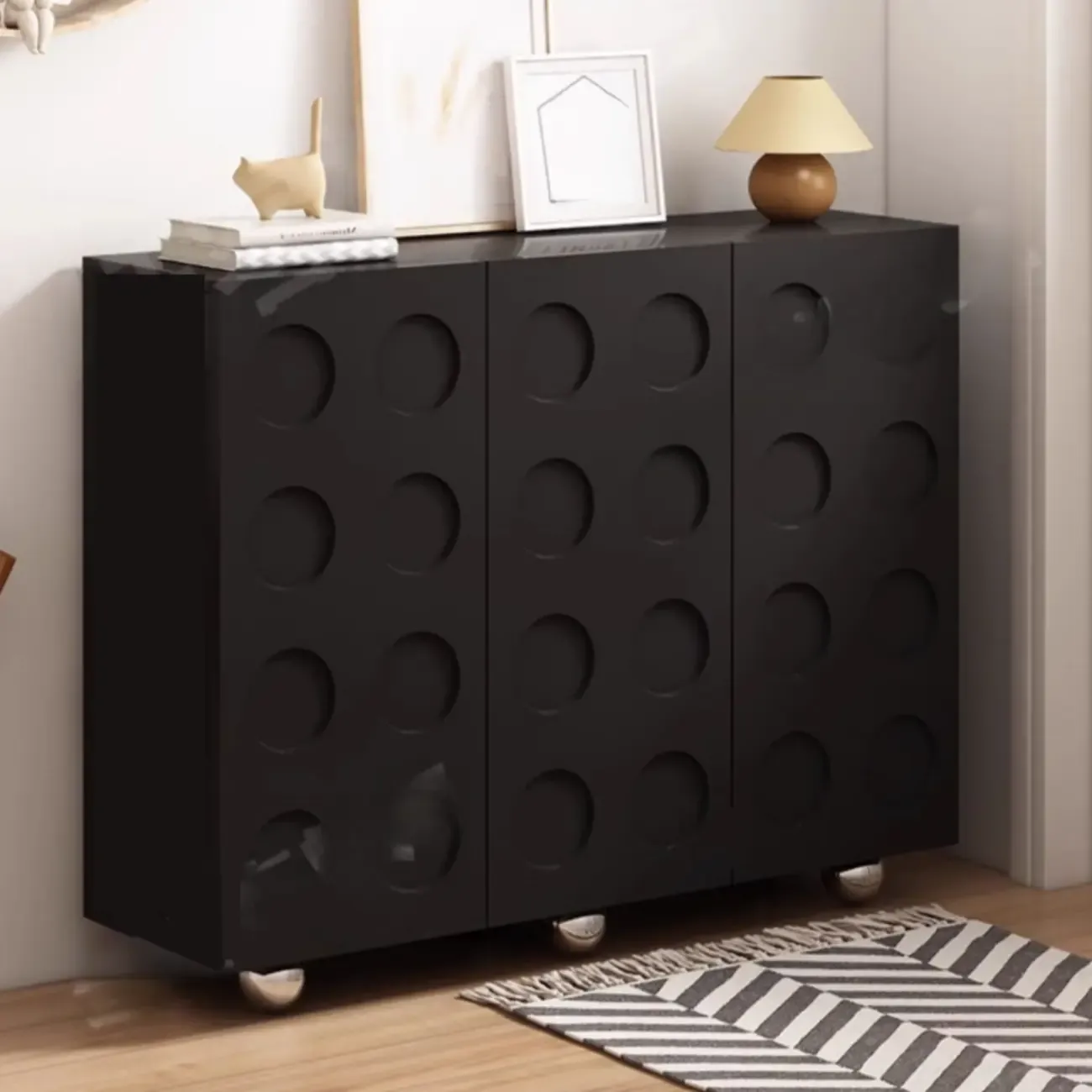 Hallway Black Engineered Wood Shoe Cabinet on Wheels