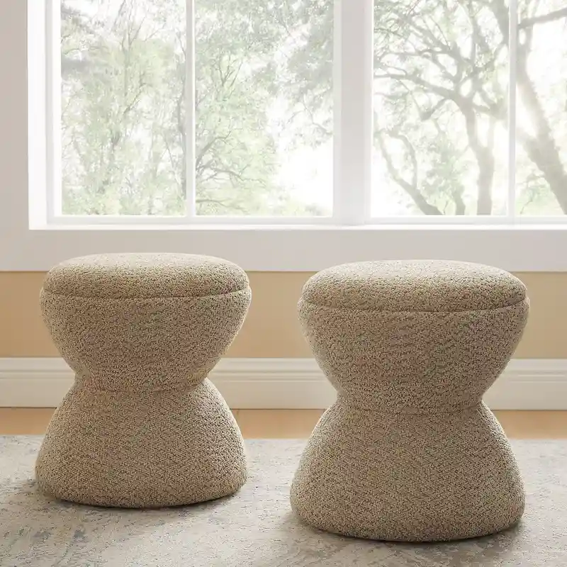 VANOMi Djembe Boucle Upholstered Ottoman, Pouf, Vanity Stool for Living Room, Walk-in Closet (Set of 2)