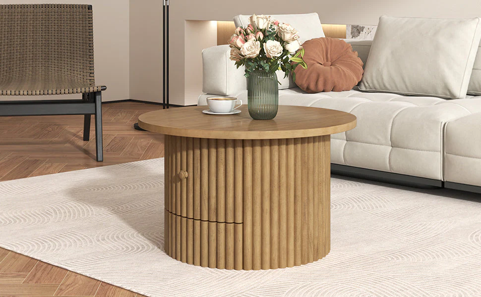 Walker Edison | Reeded Round Coffee Table with a Drawer