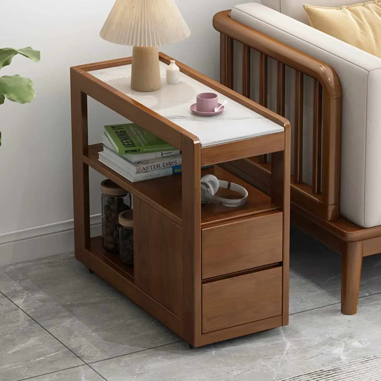 Narrow Sintered Stone Top Wheeled Side Table with Drawers