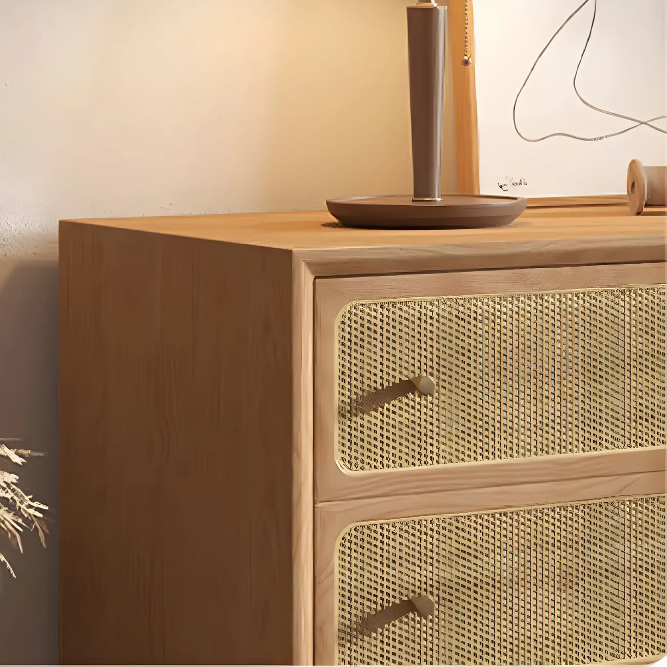 Tropical Wooden Dresser with Drawers and Gold Handles