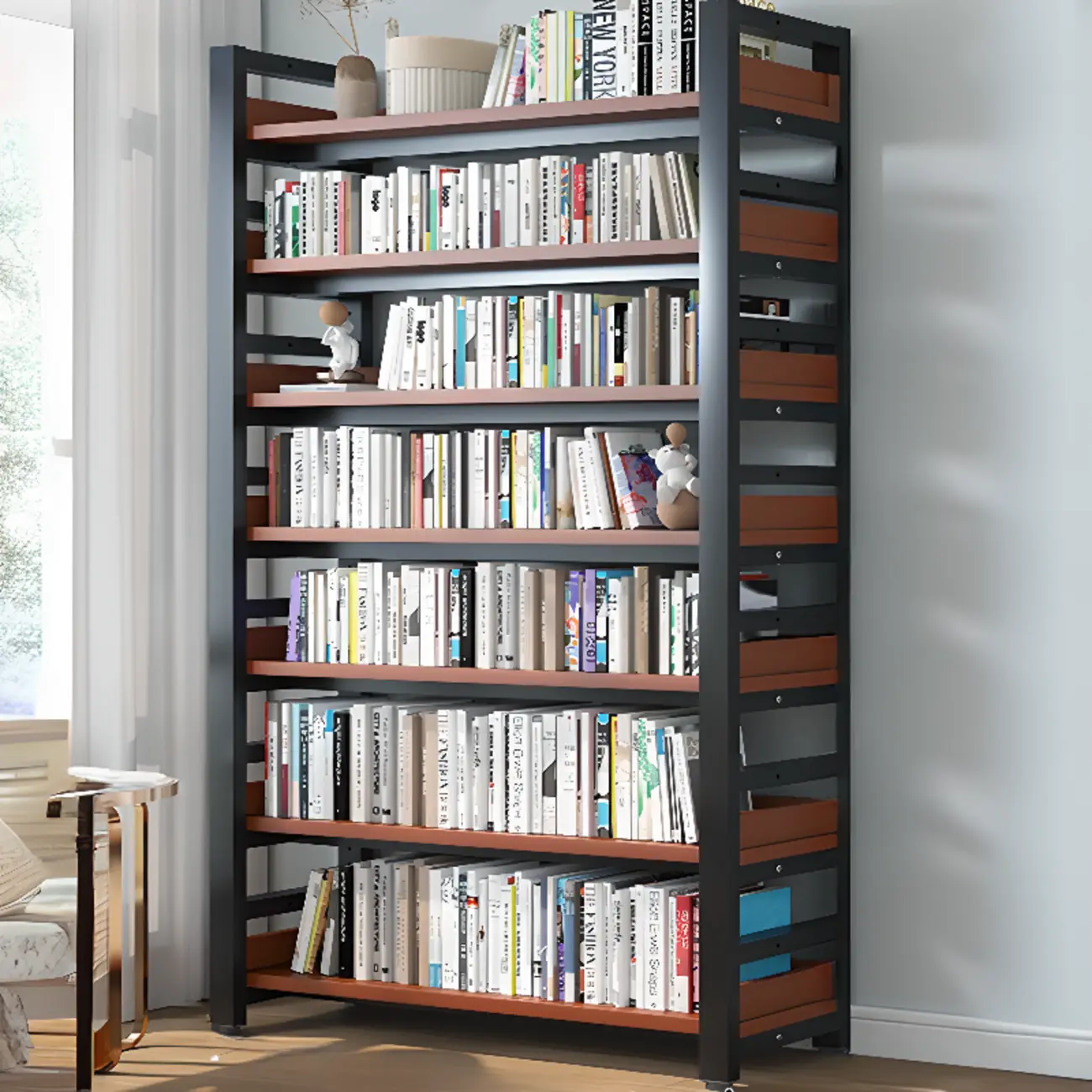Freestanding Simple Multi-Layer Wood Bookshelf in Steel Frame