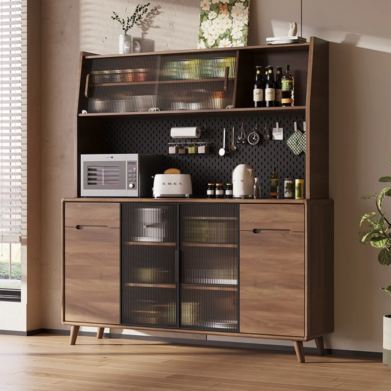 Kitchen Brown Wooden Hutch Top Sideboards with Pegboard Back