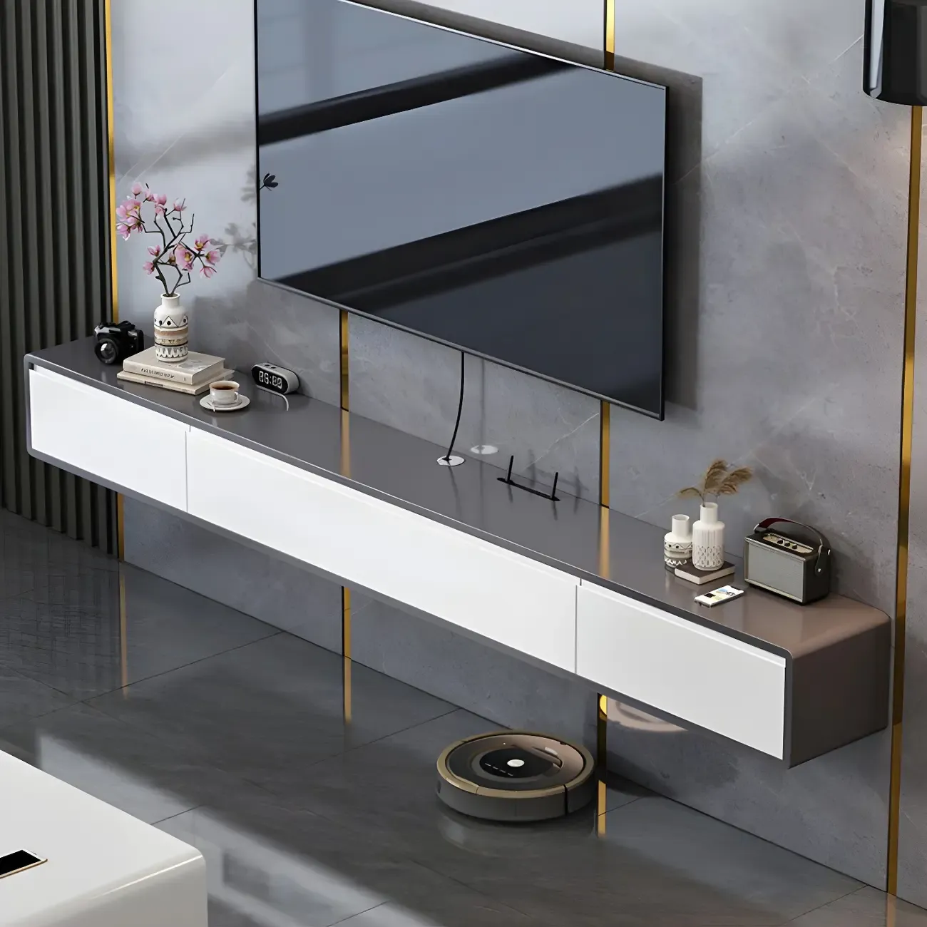 Rectangular Wall-Mounted Wood Drawers TV Stand White