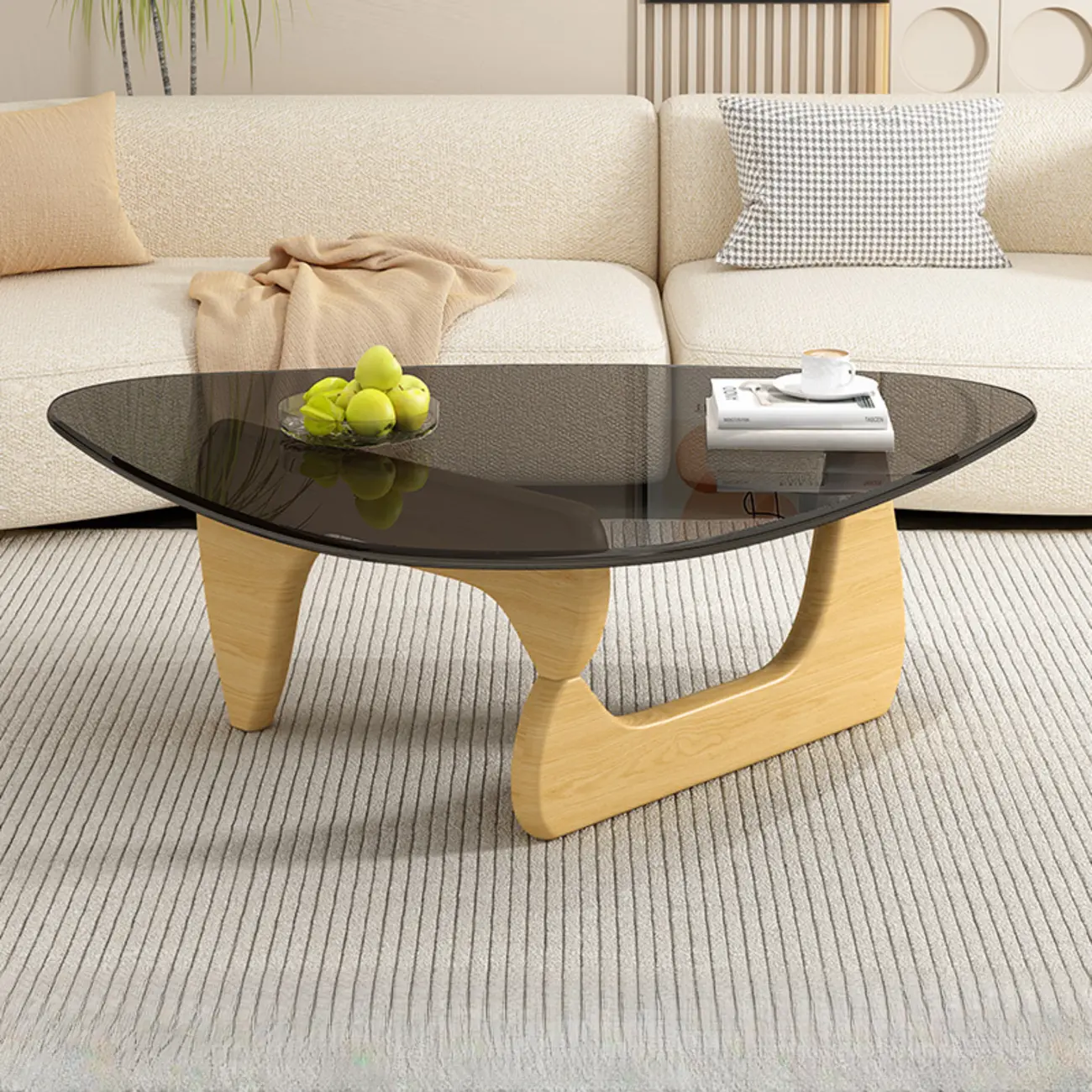 Triangular Wood Glass Top Coffee Table