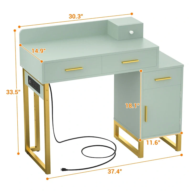 Reversible Makeup Vanity Desk With Charging Station and 4 Wooden Drawers and 1 Cabinet - N/A