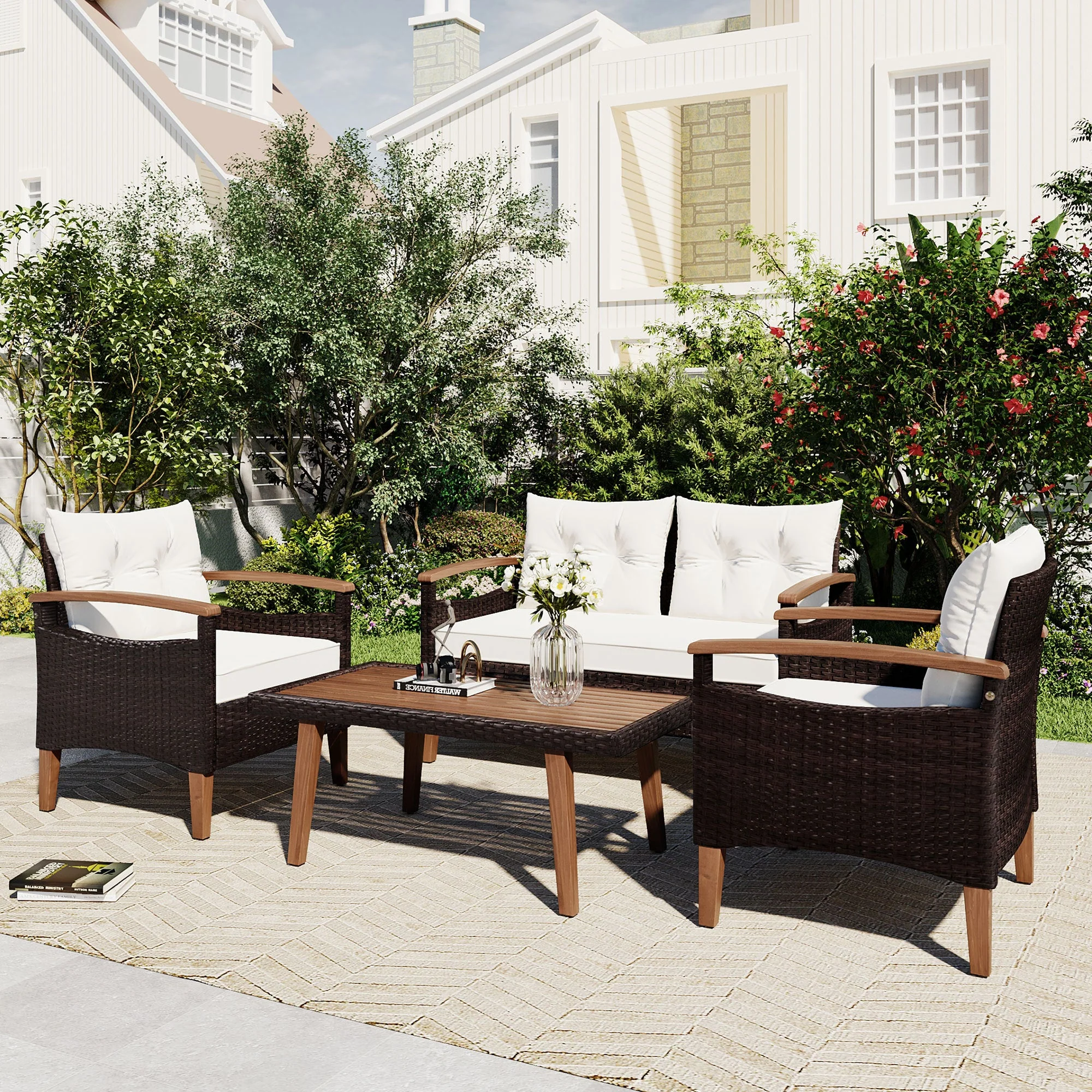 Walker Edison | 4-Piece Brown Rattan Outdoor Sofa Set with Table