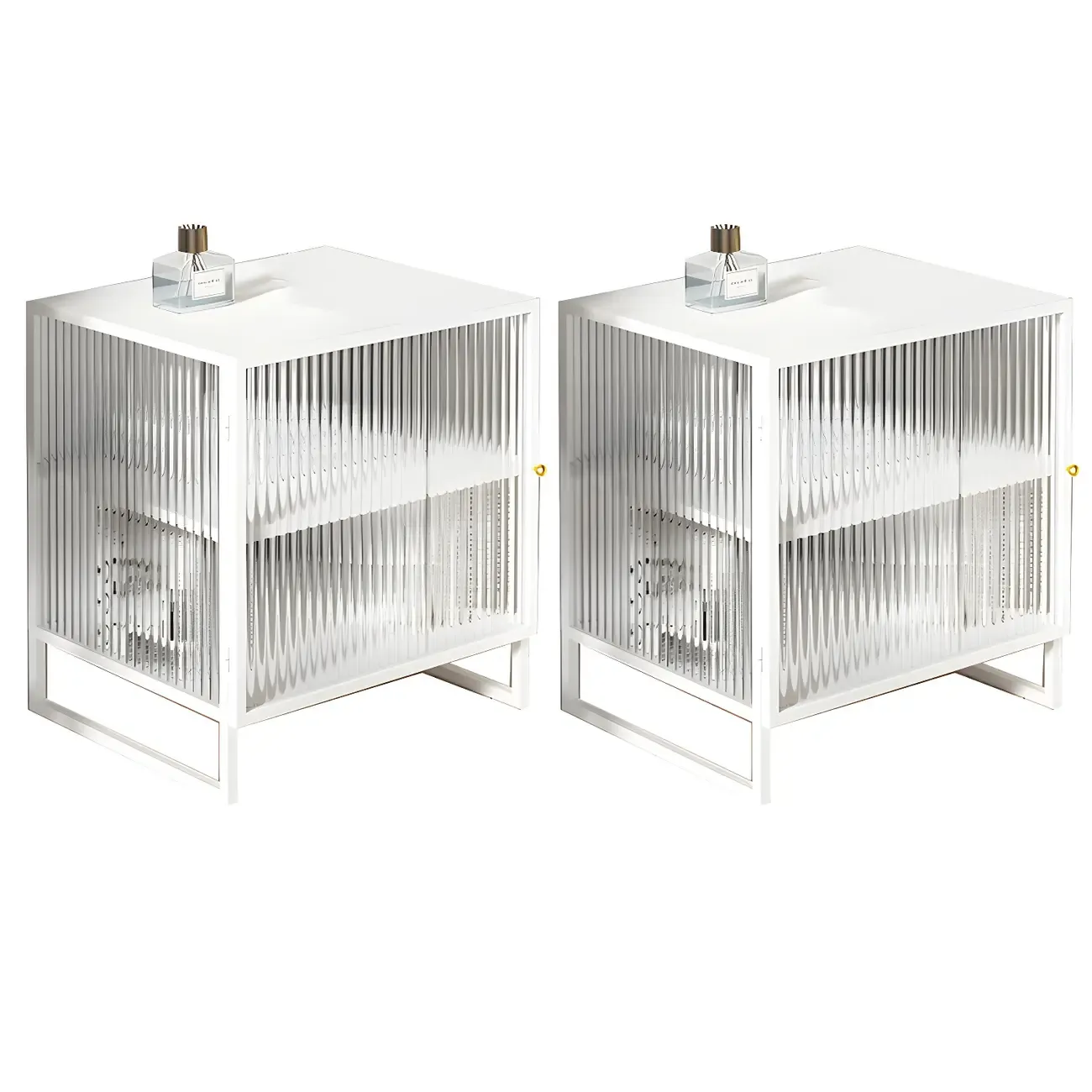 Black 2-Tier Ribbed Glass Metal Bedroom Nightstand