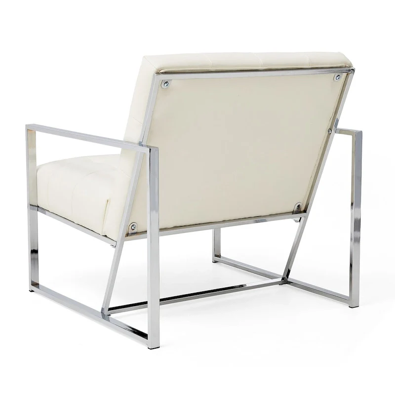 Glitzhome 30.50H Cream Mid-Century PU Leather Tufted Accent Chair with Chrome Plated Frame