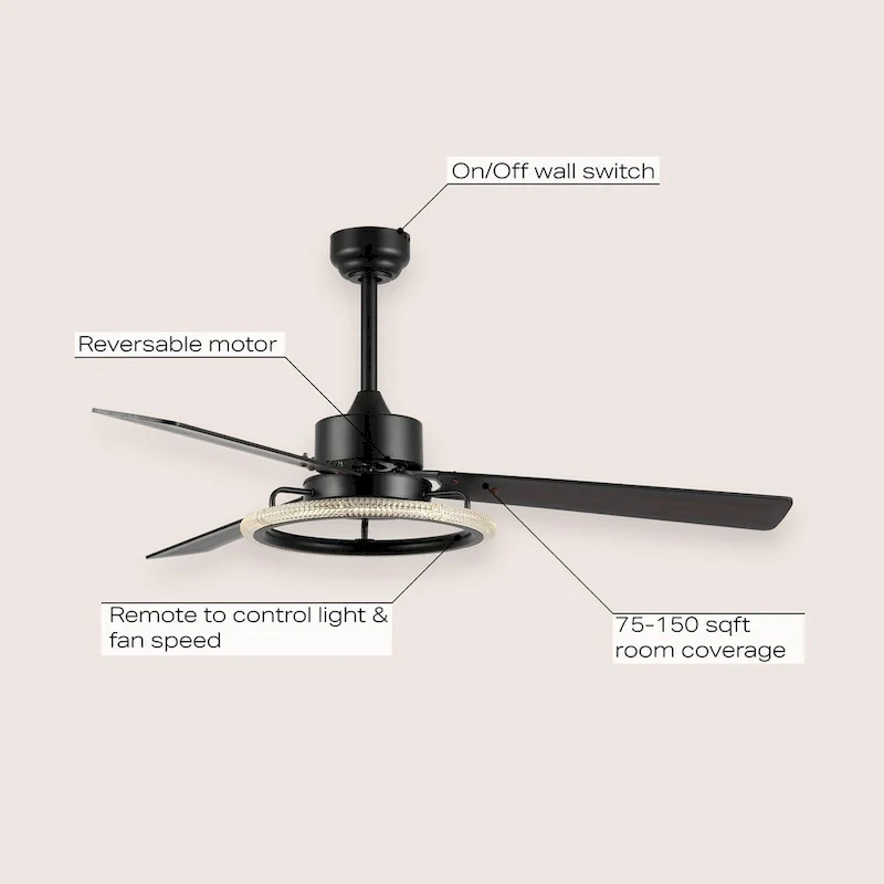 Bruno 52  1-Light Modern Industrial Iron/Acrylic/Wood Remote-Controlled 6-Speed Integrated LED Ceiling Fan, by JONATHAN Y