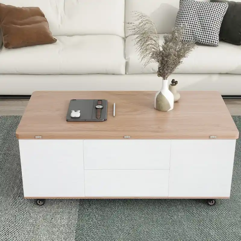 Modern Walnut & White Lift Top Coffee Table Multifunctional Table with Drawers & Shelves