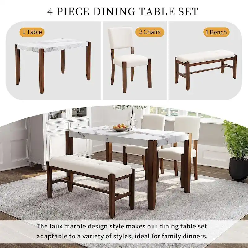 4-piece Dining Set with Faux Marble Style Table and 2 Upholstered Chairs & Bench with Wood Legs