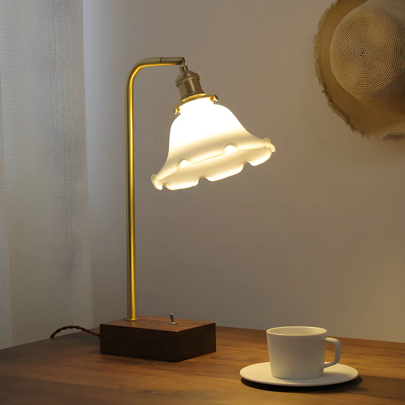 Retro Brown Gold Glass Wood Base Arched Table Lamp