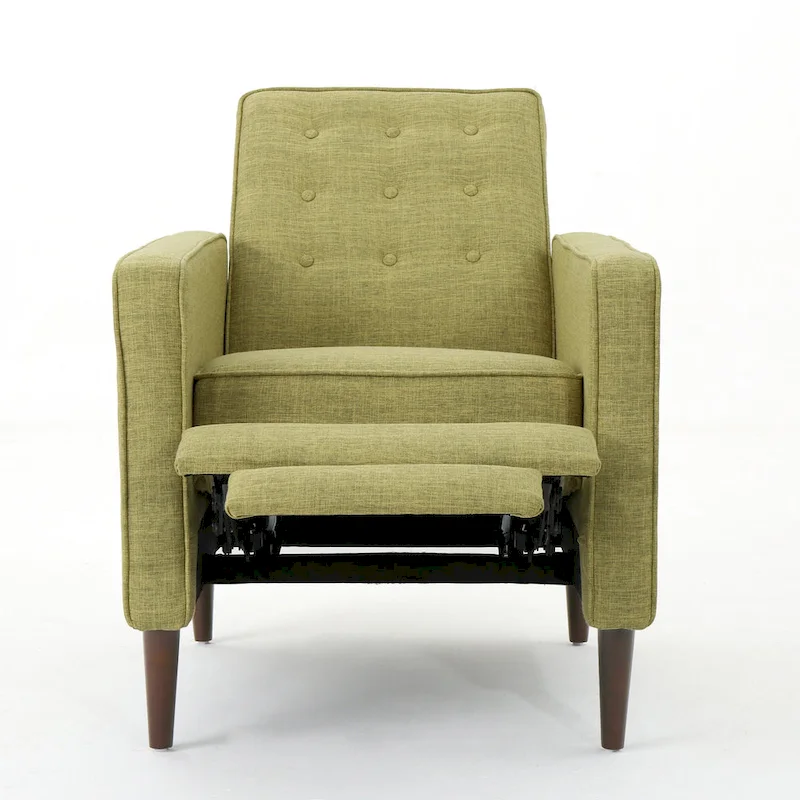Green Fabric Mid-Century Upholstered Push Back Recliner with Footrest, Button-tufted Backrest, Beech Wood Legs
