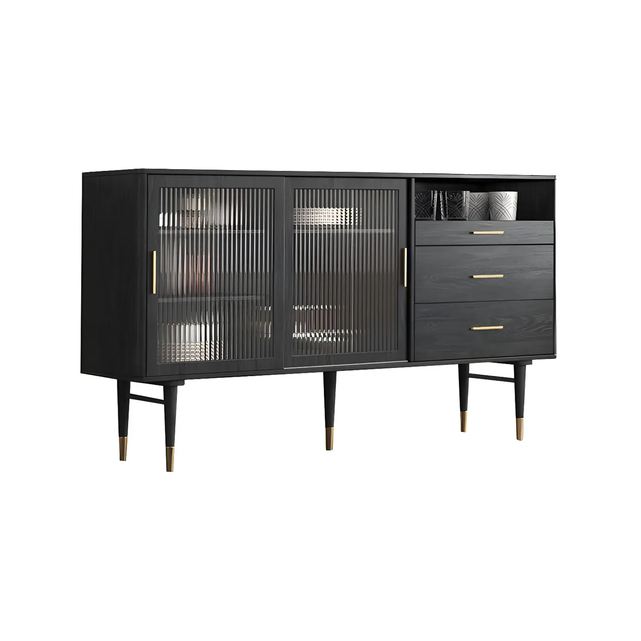 Glam Black Wooden Buffets with Glass Doors & Drawers